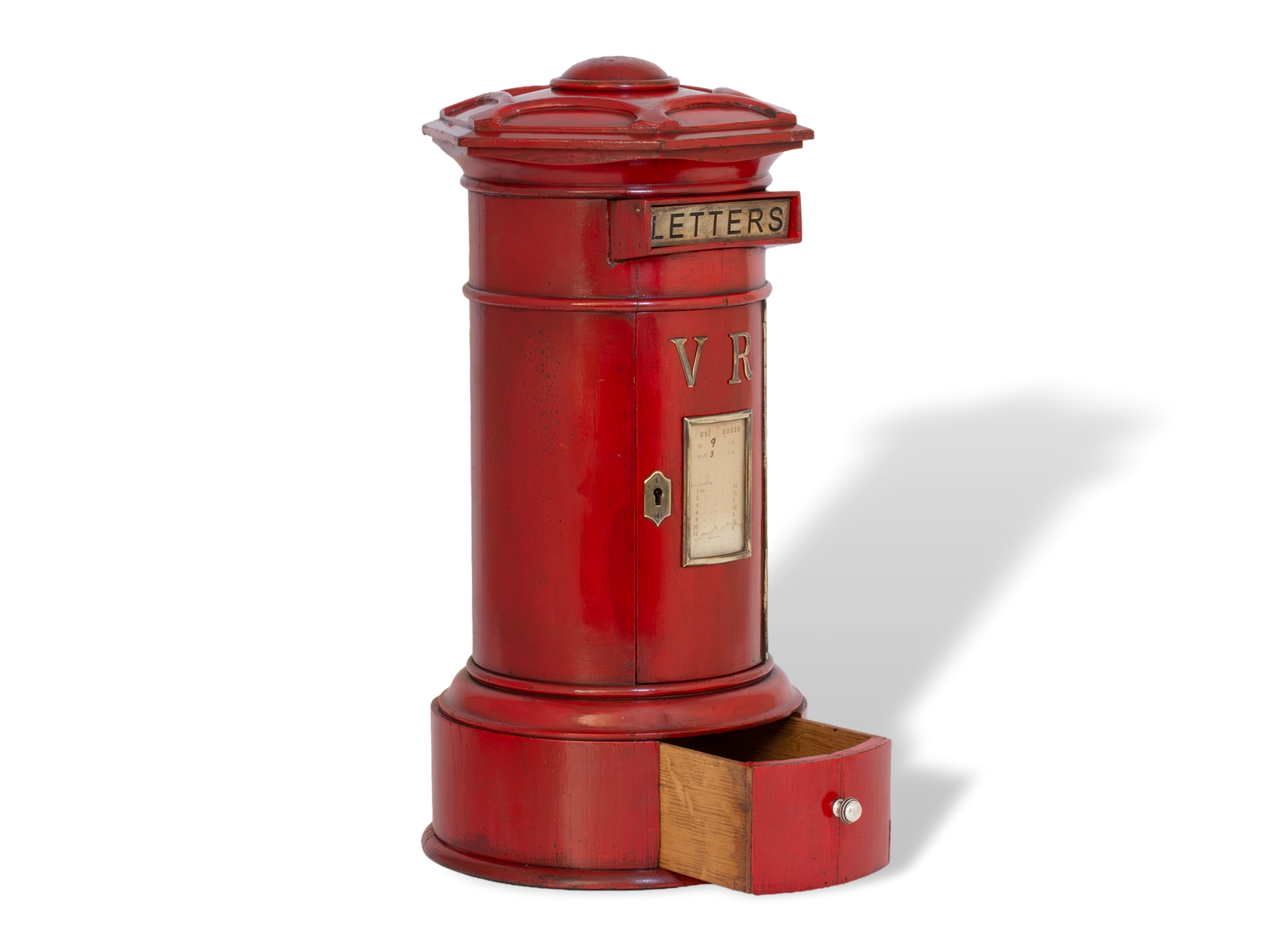 Red post box front angled overview with the drawer open