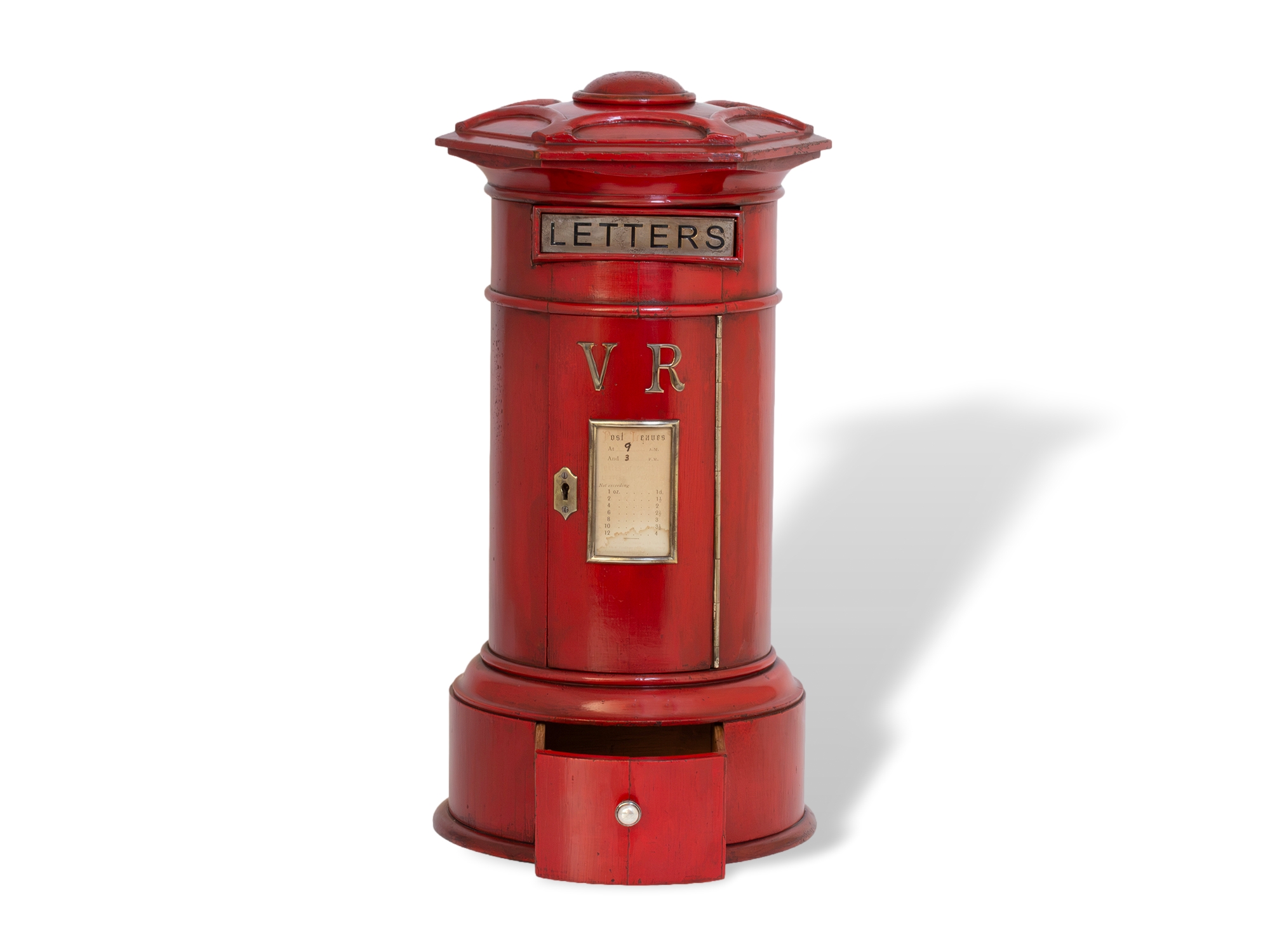 Red post box front overview with the drawer open