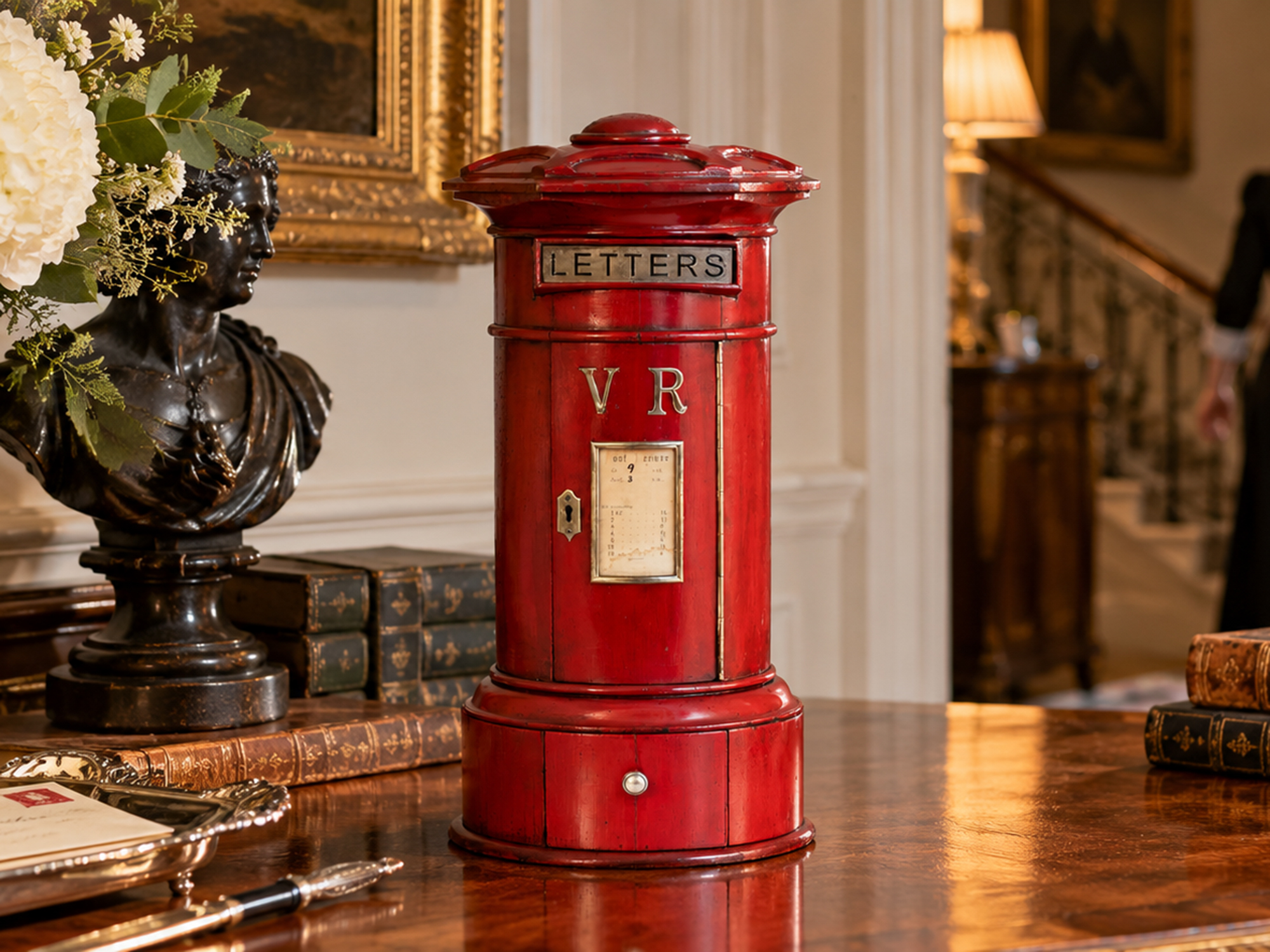 Red post box in a decorative lifestyle setting